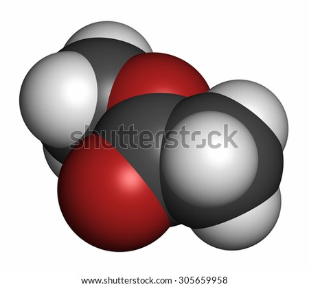 Methyl acetate solvent molecule. Atoms are represented as spheres with conventional color coding: hydrogen (white), carbon (grey), oxygen (red).