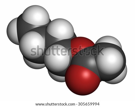 Butyl acetate molecule. Used as synthetic fruit flavoring and as organic solvent. Atoms are represented as spheres with conventional color coding: hydrogen (white), carbon (grey), oxygen (red).