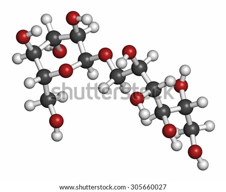 Isomalt sugar substitute molecule (one of two components shown). Atoms are represented as spheres with conventional color coding: hydrogen (white), carbon (grey), oxygen (red).