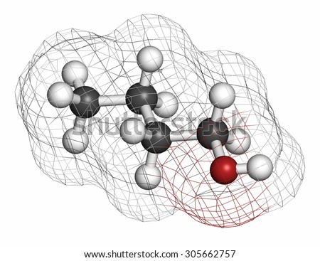 n-butanol (1-butanol) molecule. Used as flavouring and as a solvent. Atoms are represented as spheres with conventional color coding: hydrogen (white), carbon (grey), oxygen (red).