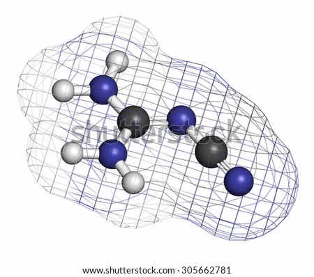 Dicyandiamide (2-cyanoguanidine, DCD) molecule. Used as fertilizer and in chemical synthesis. Atoms are represented as spheres with conventional color coding: hydrogen (white), carbon (grey), etc