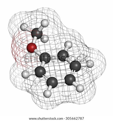 Anisole chemical molecule. Used in fragrances and as chemical precursor. Atoms are represented as spheres with conventional color coding: hydrogen (white), carbon (grey), oxygen (red).