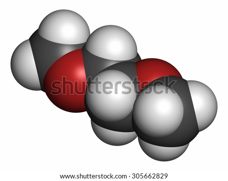 Dimethoxyethane (glyme, monoglyme, dimethyl glycol, DME) molecule. Atoms are represented as spheres with conventional color coding: hydrogen (white), carbon (grey), oxygen (red).