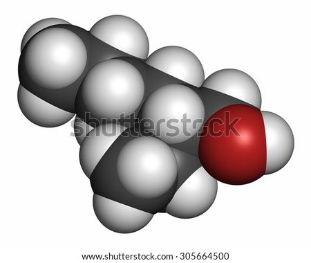 2-ethylhexanol (2-EH) molecule. Used as solvent, fragrance component and chemical precursor. Atoms are represented as spheres with conventional color coding: hydrogen (white), carbon (grey), etc