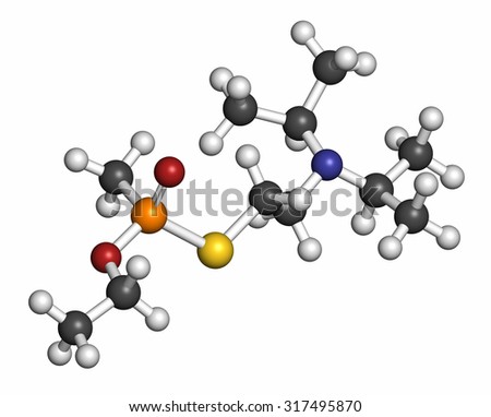 VX nerve agent molecule (chemical weapon). Atoms are represented as spheres with conventional color coding: hydrogen (white), carbon (grey), oxygen (red), phosphorus (orange), sulfur (yellow).