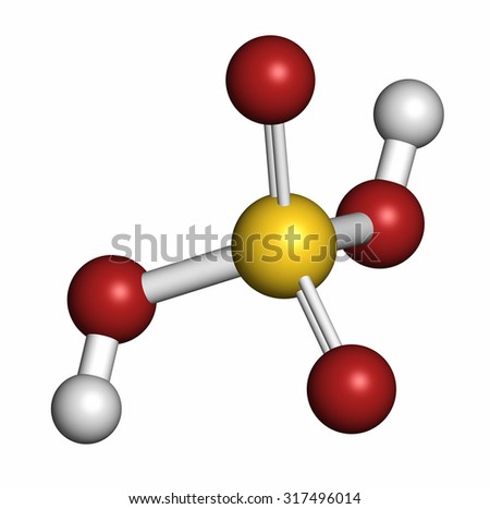 Sulfuric acid (H2SO4) strong mineral acid molecule. Atoms are represented as spheres with conventional color coding: hydrogen (white), oxygen (red), sulfur (yellow).