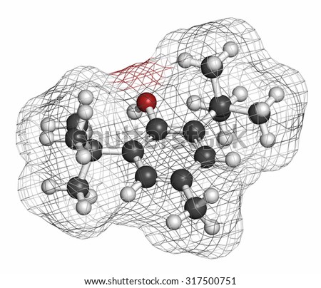 Butylated hydroxytoluene (BHT) antioxidant molecule. Atoms are represented as spheres with conventional color coding: hydrogen (white), carbon (grey), oxygen (red).
