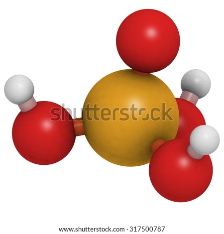 Phosphoric acid mineral acid molecule. Used in fertilizer production, biological buffers, as food additive, etc. Atoms are represented as spheres with conventional color coding.