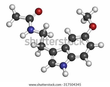 Melatonin hormone molecule. In humans, it plays a role in circadian rhythm synchronization. Atoms are represented as spheres with conventional color coding: hydrogen (white), etc