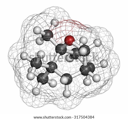 Eucalyptol eucalyptus oil molecule. Atoms are represented as spheres with conventional color coding: hydrogen (white), carbon (grey), oxygen (red).