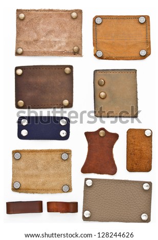 Blank leather jeans labels on white background