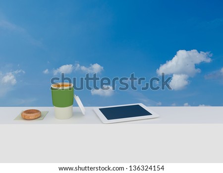 3D rendering of coffee to go with donuts and computer