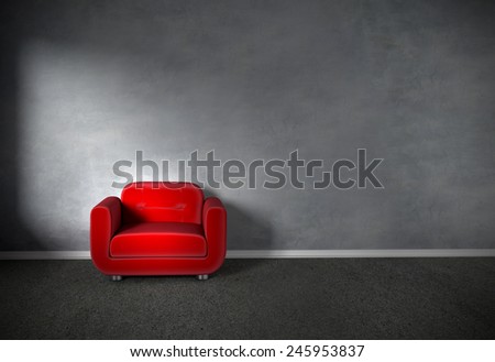 dark vintage concrete wall Background with red Armchair