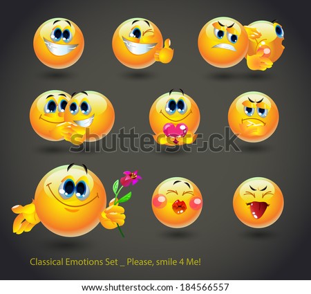 Cheerful set of people emotions smiles for a classic design on a dark background