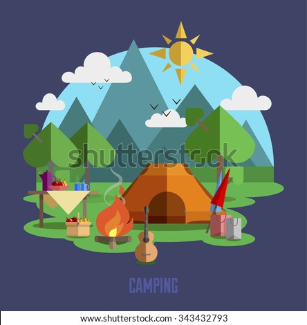 Camping vector flat illustration landscape, hiking, outdoor recreation concept with flat camping travel icons. Travel tourism rest vacation near mountains in forest, nature weather concept template.
