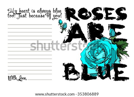 Contrast dry brush font love message poster Roses are blue, cute words with flowers, rose, buds, greeting card and letter design with space to write.