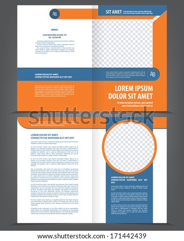 Vector empty bifold brochure template design with orange and dark blue elements Vector empty bifold brochure template design with orange and dark blue elements