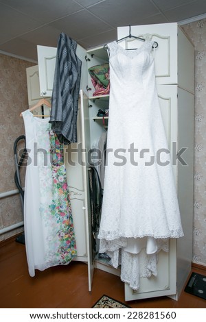 White Wedding Dresses in dress store.