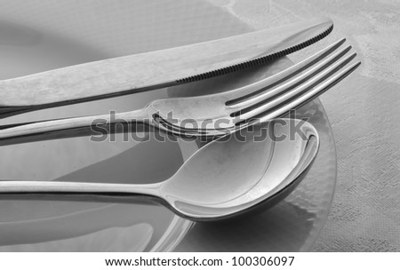 Knife, Fork, Spoon on White Plate in Black and White