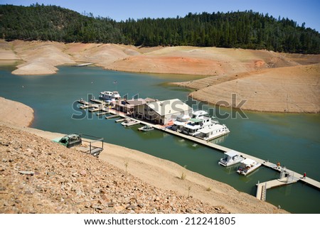 Lake Shasta, CA, August 17, 2014 -- California\'s drought exposes the 180-200-foot drop in water levels at the Silverthorn Resort. The reservoir is receding at an average of 4.9 inches per day.