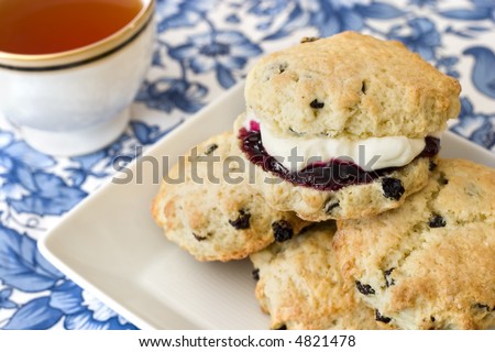 stock photo : Afternoon tea, scones, jam, cream.