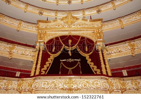 Moscow,Russia-Augus T 09: The Bolshoi Theatre A Historic Theatre Of Ballet And Opera In Moscow, Russia,The Interior Auditorium By Architect Alberto Cavos In 1895. On August 09,2013 In Moscow,Russia