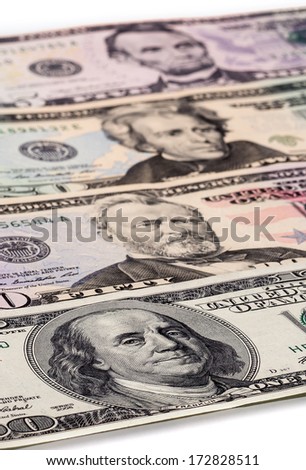 All stack type of american dollars on white background