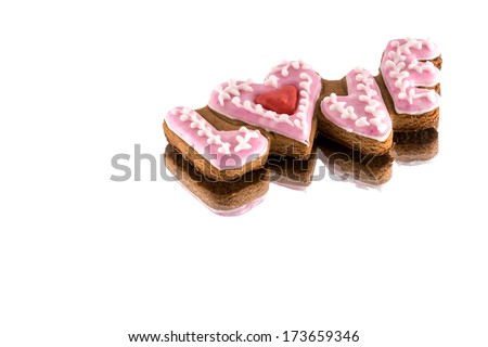 Cookies with the text of love and red heart on Valentine\'s Day