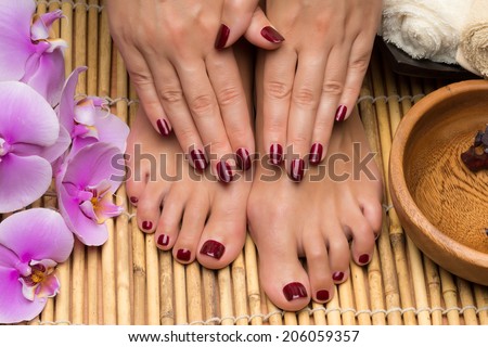 Pedicure and manicure in the salon spa, hand and feet care