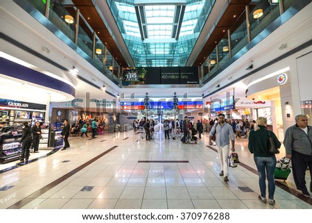 DUBAI, UAE - DECEMBER 25, 2015: Duty free area inside airport. Dubai International Airport is an international airport serving Dubai. It is a major airline hub in the Middle East.