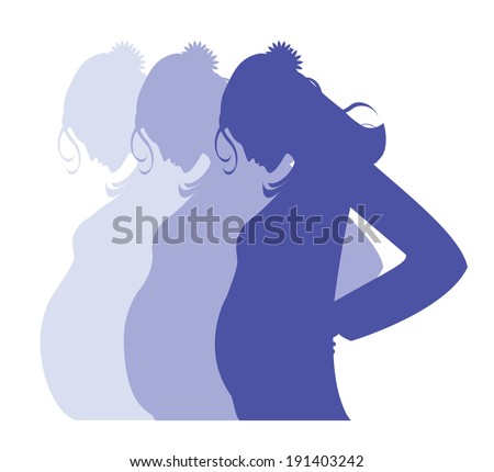 Pregnancy woman shadow pictures with three different sizes of stomach, in three different shades of blue