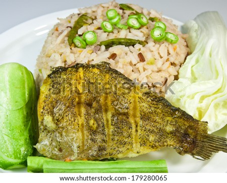 Rice Mixed with Shrimp paste and fried gourami Fish, Thai food