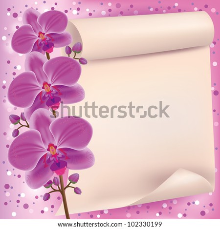 Invitation or greeting card with exotic flower purple orchid and sheet of paper - place for text, vector illustration