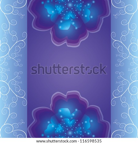 Floral luxury background with blue-purple flowers and ornament. Greeting or invitation card. Vector illustration