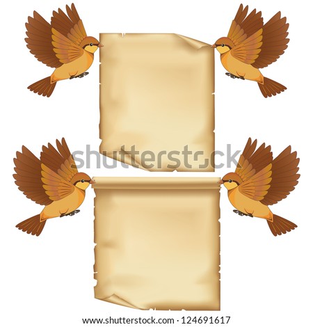 Set of flying birds cartoon with sheet of paper, isolated on white background. Place for text. Vector illustration
