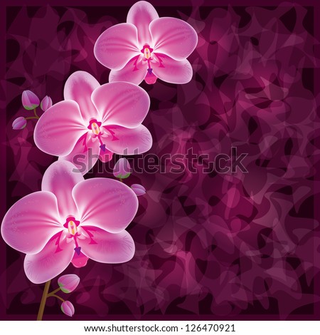 Background with flower orchid purple. Invitation or greeting card in grunge style. Vector illustration.