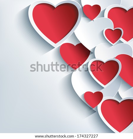 Stylish Valentines day background with 3d red and gray hearts. Creative abstract background with hearts. Love card for Valentines day. Vector illustration.