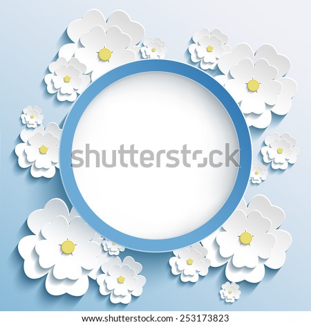 Beautiful trendy round frame with 3d white flowers sakura - japanese cherry tree. Greeting or invitation card with stylized blossoming sakura. Stylish modern blue background. Vector illustration