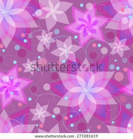 Beautiful ornamental background seamless pattern with pink and purple summer flowers lilies, circles and swirls. Floral stylish bright wallpaper with violet stylized flowers. Vector illustration