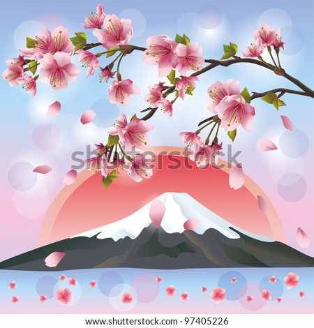 Japanese landscape with mountain and sakura blossom - Japanese cherry tree