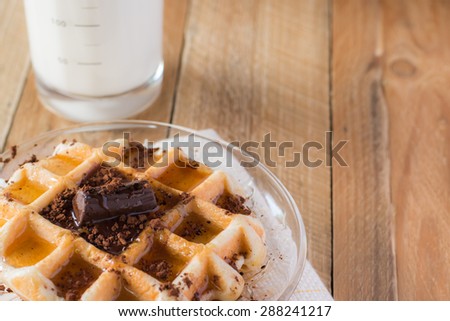 Waffle : Breakfast with coffee and homemade waffles on wooden table
