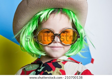 Girl cowboy in a green wig