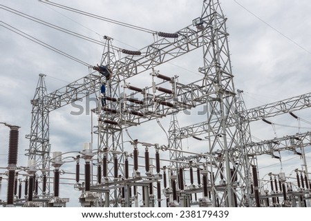 The worker at high-voltage electric substation