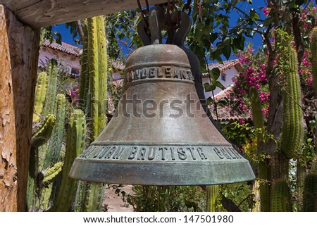 SAN JUAN BAUTISTA, CA/USA - July 14: The Mission Bell at Historic Mission San Juan Bautista is a Spanish mission founded in 1797 by the Franciscan order in the California Central Coast. July 14, 2013.