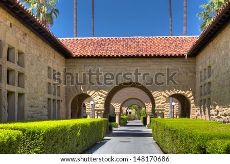STANFORD, CA/USA - JULY 6: Original walls at Stanford University.  The historic university features sandstone walls with thick Romanesque features. July 6, 2013.