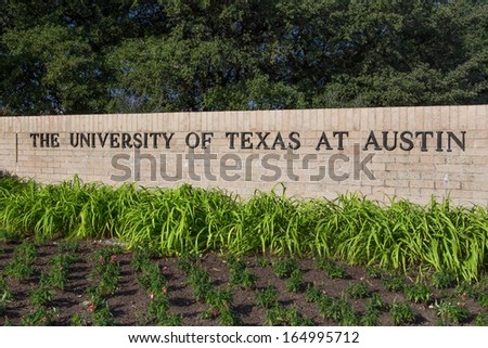 AUSTIN,TX/USA - NOVEMBER 14: Entrance Sign to the  campus of the University of Texas, a state research university and the flagship institution of the The University of Texas System. November 14, 2013.