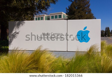 CUPERTINO, CA/USA - MARCH 16, 2014:  Apple Headquarters in Silicon Valley. Apple  designs, develops, and sells consumer electronics, computer software and personal computers.