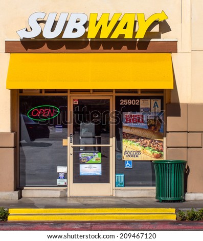VALENICA, CA/USA - AUGUST 5, 2014:  Subway Restauraut exterior. Subway is an American fast food restaurant franchise that sells submarine sandwiches and salads.