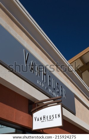 TEJON RANCH, CA/USA - SEPTEMBER 8, 2014: Van Heusen store exterior and logo. Van Heusen is owned by PVH Corporporation, an American clothing company.