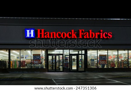 BLOOMINGTON, MN/USA - JANUARY 16, 2015: Hancock Fabrics retail store exterior. Hancock Fabrics is a specialty retailer of crafts and fabrics.
